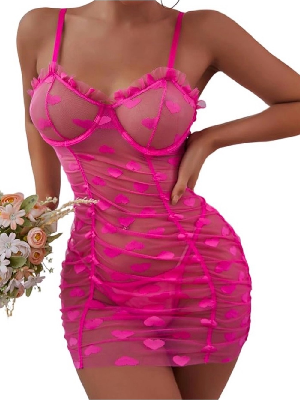 Pink Sheer Heart Mesh Bodycon Chemise - Women Intimates romantic sexy sz small